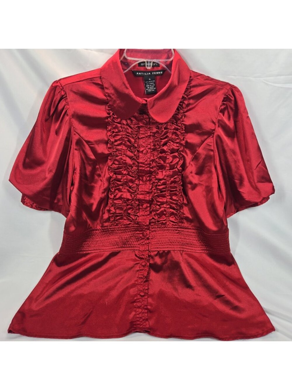 Antilla Femme Satiny Ballet Red Button up Blouse Women's Size XL Stretch Goth